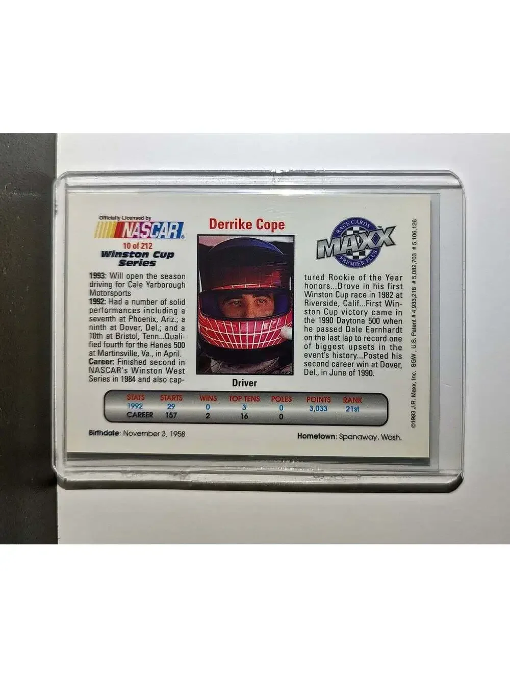Derrike Cope 1993 Maxx Premier Plus Racing #10 NASCAR Card Whitcomb Racing